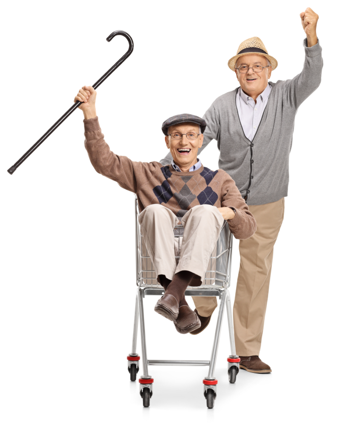 Two Senior citizens paying with a grocery cart