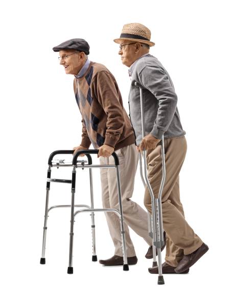 Two Senior Citizens Walking Side By Side