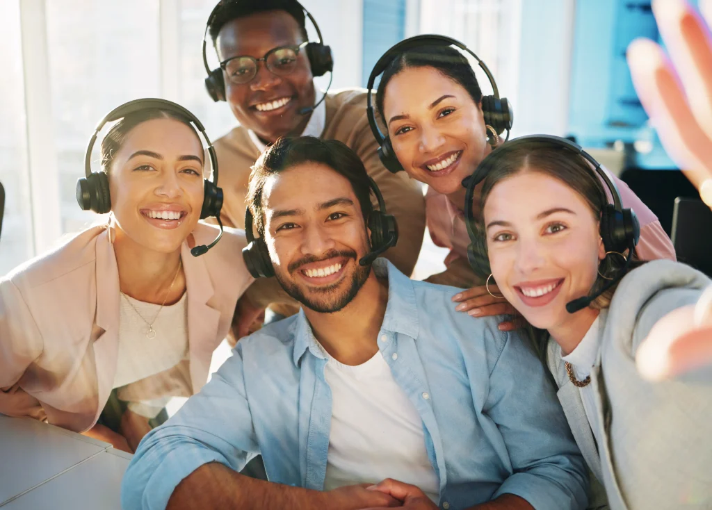 selfie-call-centre-and-people-with-headset-in-off-2023-11-27-05-13-18-utc