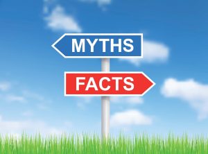 Signpost with arrows labeled myths and facts against a blue sky background